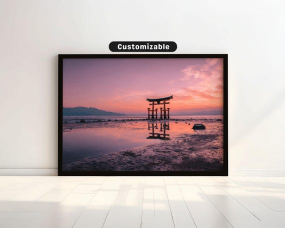 Seaside Torii Gate At Low Tide Under Pastel Sky Japanese Wall Art Print Zen Asian Decor
