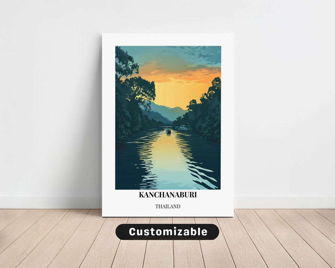 Kanchanaburi Thailand Travel Poster River Sunset Jungle Mountains Art