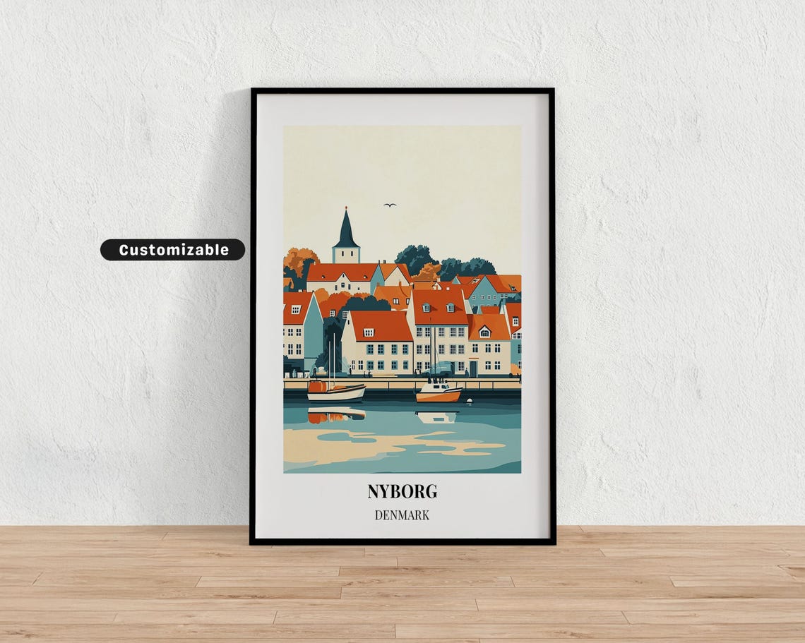 Customizable Nyborg Denmark Harbour View Vintage Travel Poster