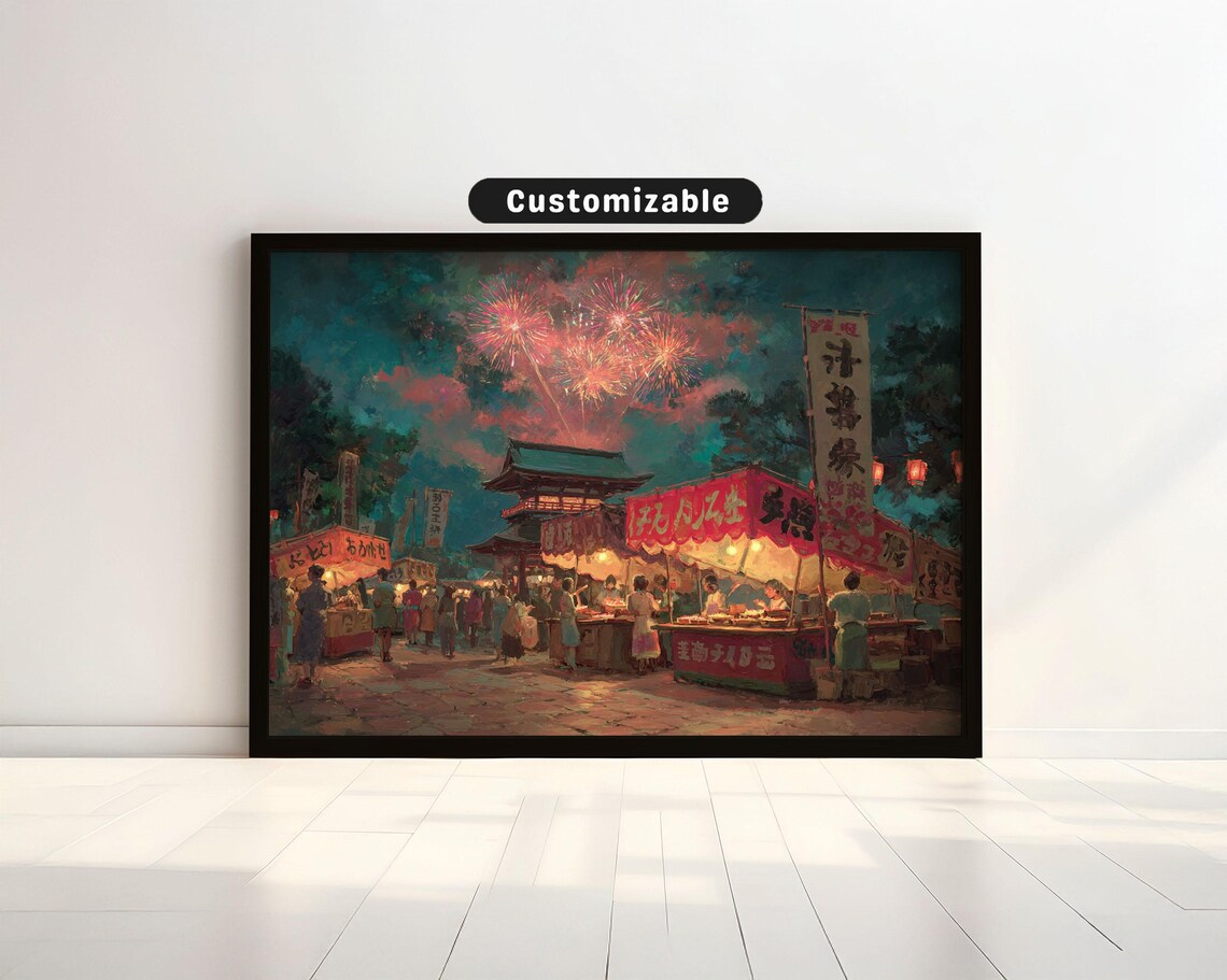 Japanese Festival Night Food Stalls Fireworks Painting Poster
