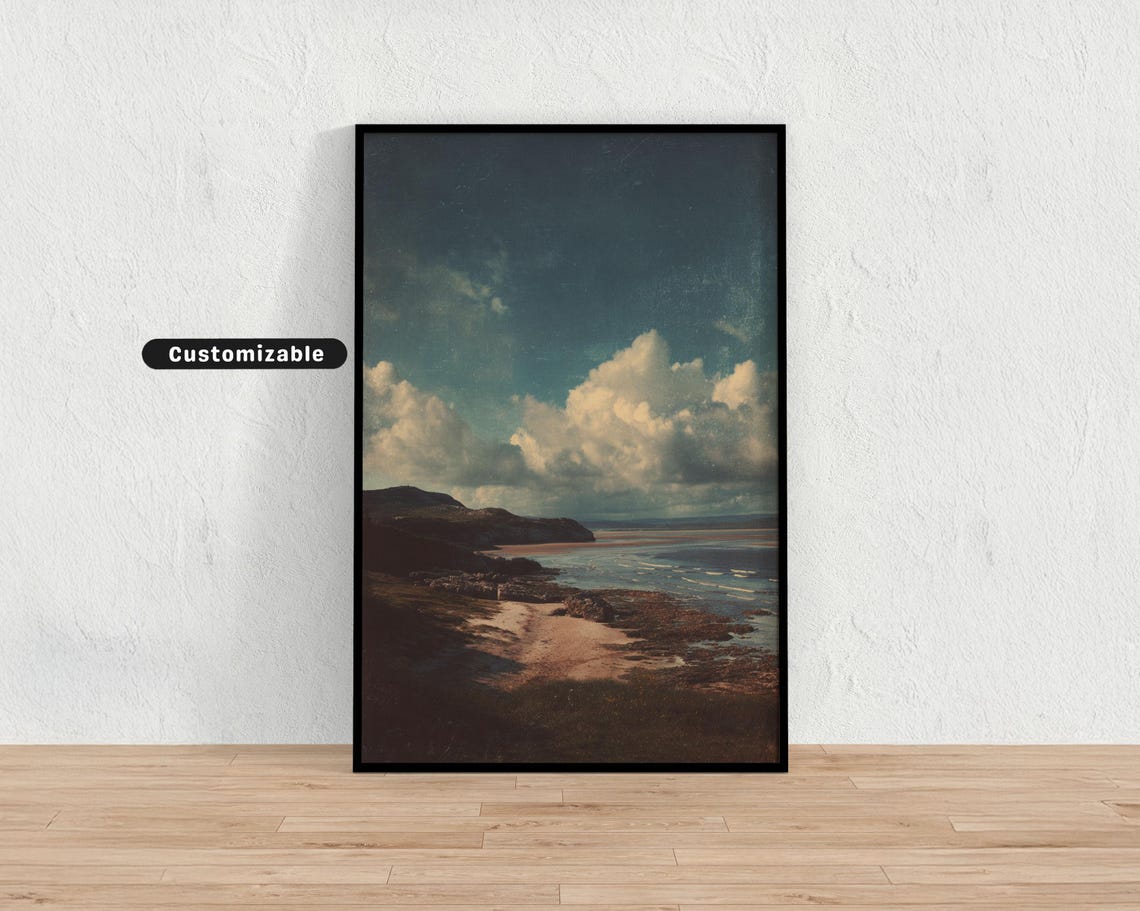 Moody Dark Coastline Headland Dramatic Clouds Vintage Wall Art