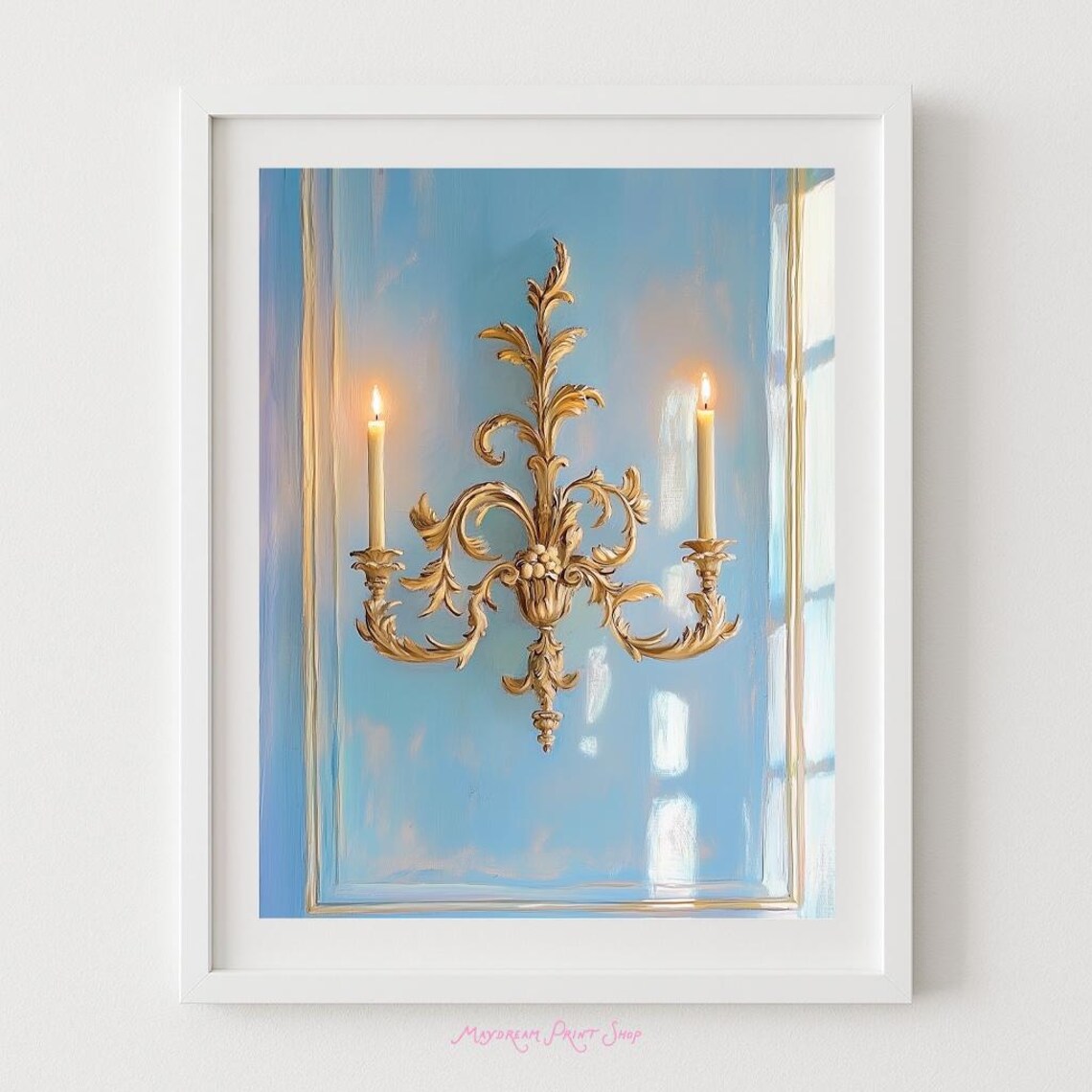 Rococo Gold Sconce Candles French Blue Wall Elegant Art Poster