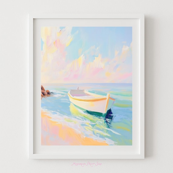 Pastel Fishing Boat on Calm Seashore Dreamy Nautical Art Poster