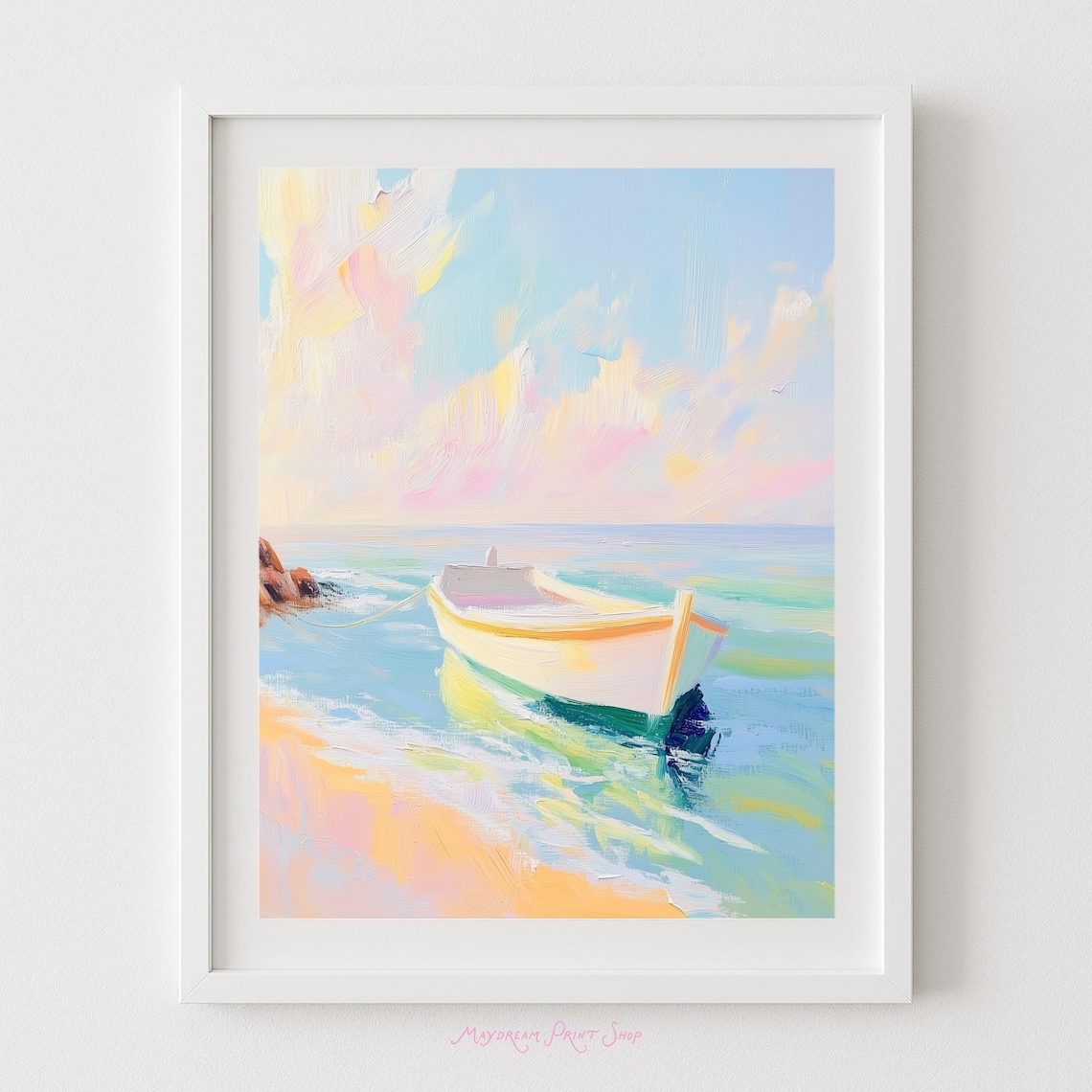 Pastel Fishing Boat on Calm Seashore Dreamy Nautical Art Poster