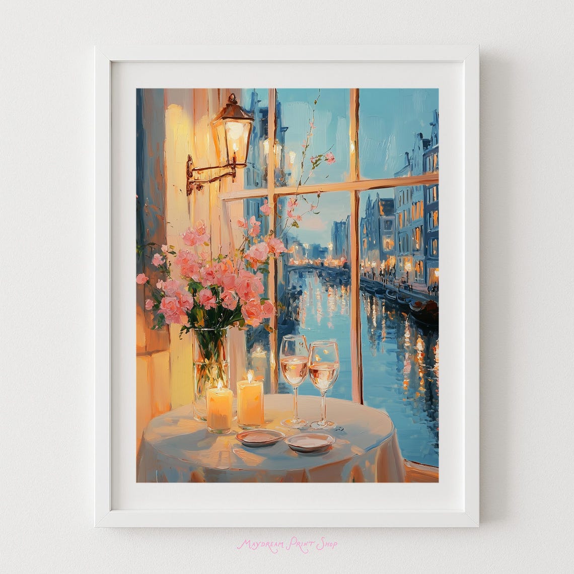 Amsterdam Night Canal Candlelit Dinner Window Wine Art Poster