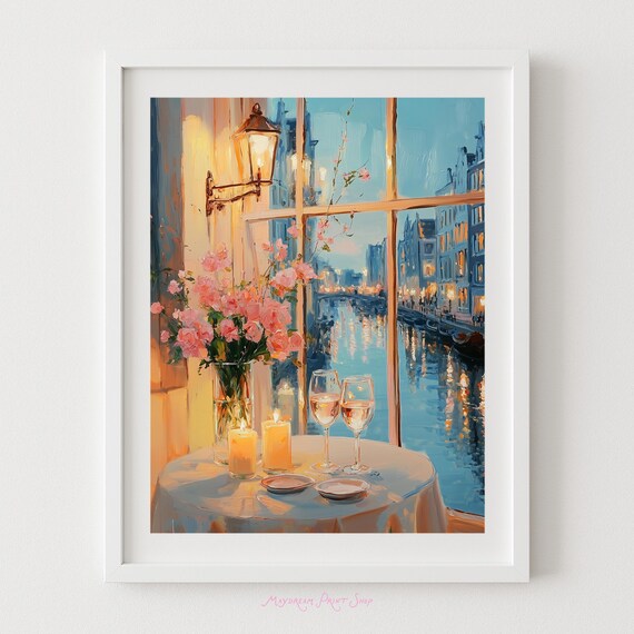 Amsterdam Night Canal Candlelit Dinner Window Wine Art Poster