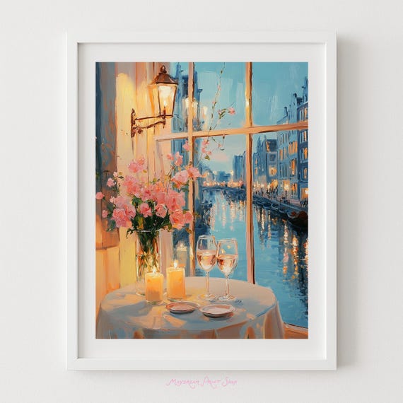 Amsterdam Still Life Art Night Canal View Candlelit Dinner Window Scene Wine Glasses European Evening Moody Date