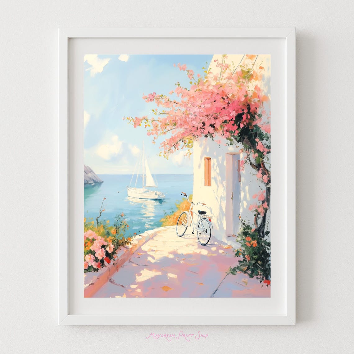 Mediterranean Coastal Terrace with Bicycle and Sailboat Art Poster