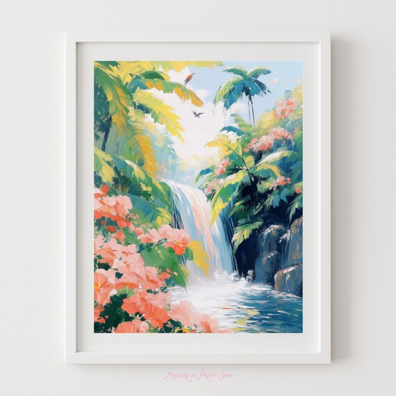 Tropical Waterfall Painting Jungle Wall Art Rainforest Floral Landscape Decor Exotic Paradise Botanical Scenery