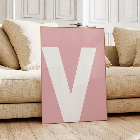 Initial V Print Pink Bold Alphabet Poster Single Big Monogram Minimal Letter Wall Art