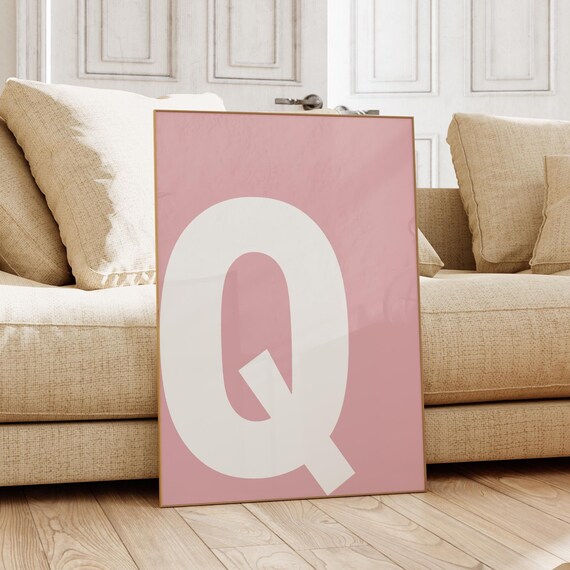 Giant White Letter Q Initial Pink Minimalist Modern Nursery Decor Poster
