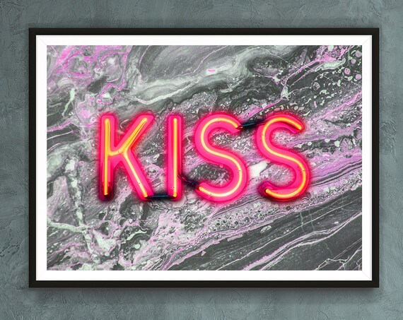Kiss Word Neon Sign Pink Orange Letters Marble Background Modern Wall Art