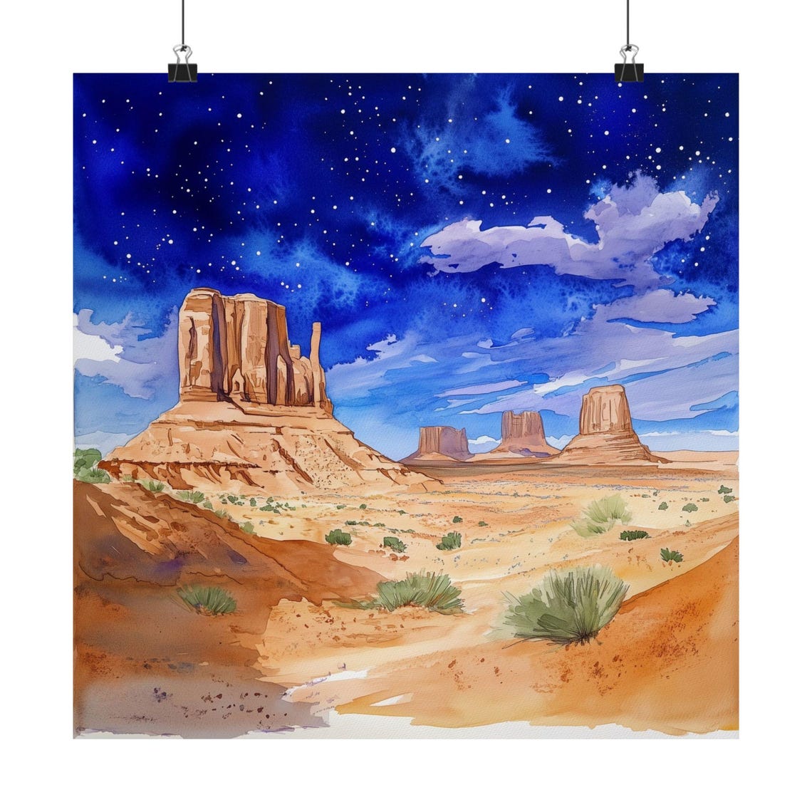 Monument Valley Utah Starry Night Desert Watercolor Travel Poster