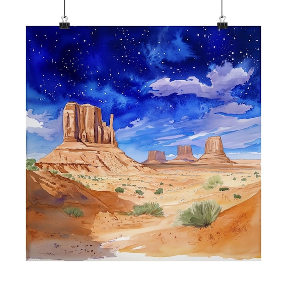 Monument Valley Utah Starry Night Desert Watercolor Travel Poster