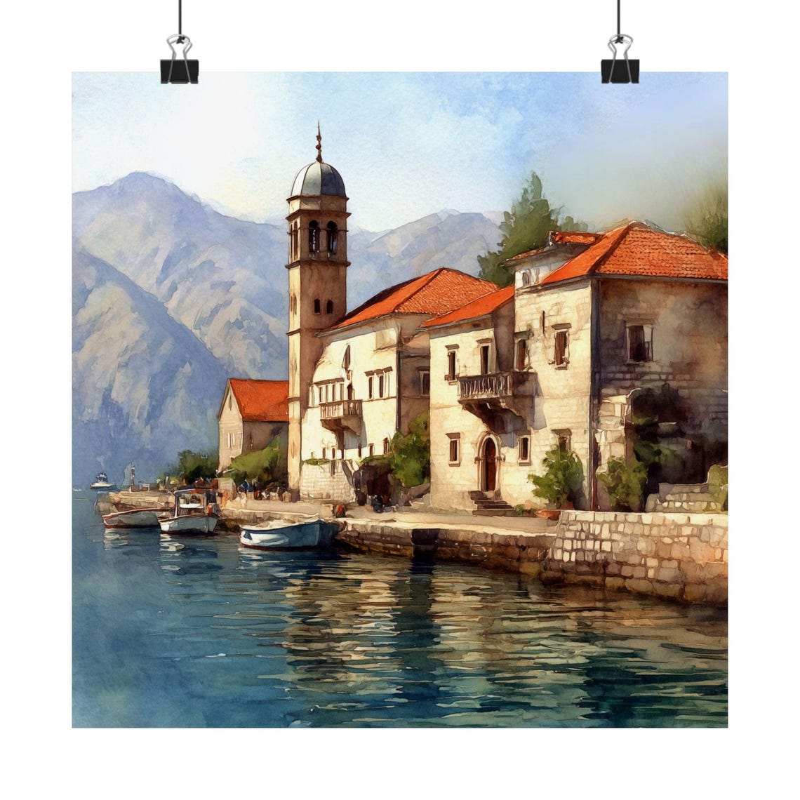 Perast Montenegro Bay Of Kotor Old Town Waterfront Watercolor Poster