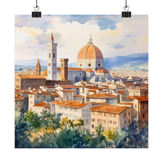 Florence Duomo Cathedral Skyline Watercolor Travel Poster Italy Tuscan Cityscape Art