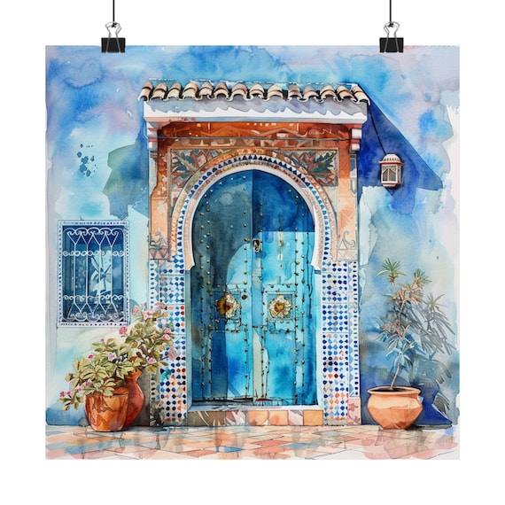 Moroccan Blue Door With Mosaic Tiles Watercolor Travel Poster