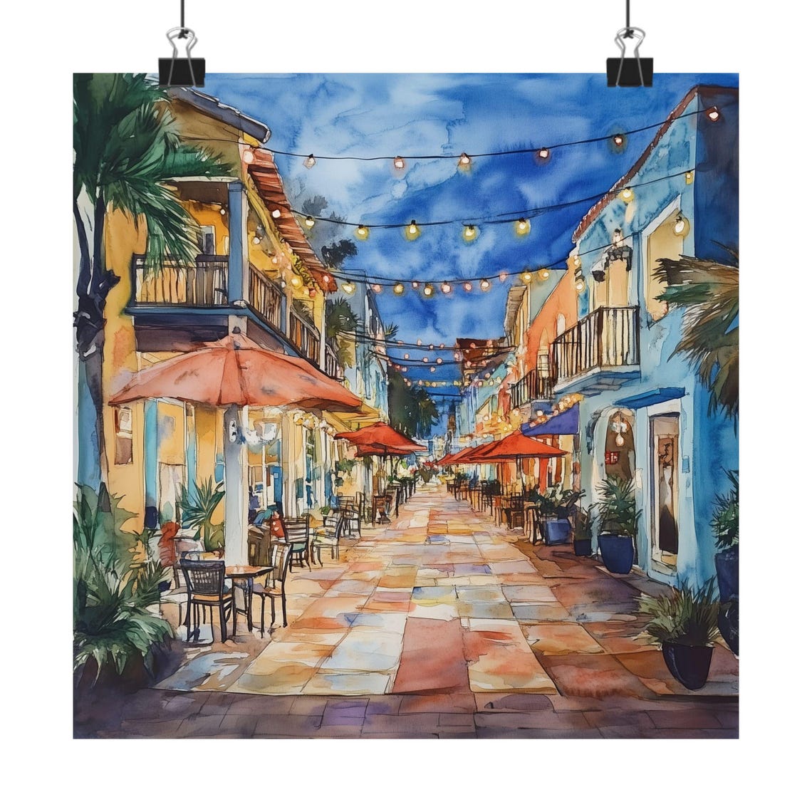 Espanola Way Miami at Dusk With String Lights Watercolor Travel Poster