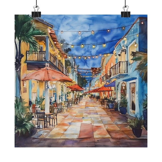 Espanola Way Miami at Dusk With String Lights Watercolor Travel Poster