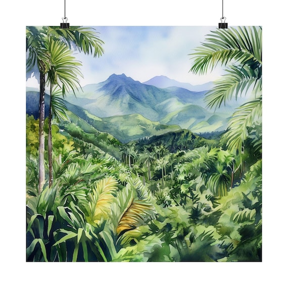 El Yunque Rainforest Puerto Rico Watercolor Tropical Landscape Poster