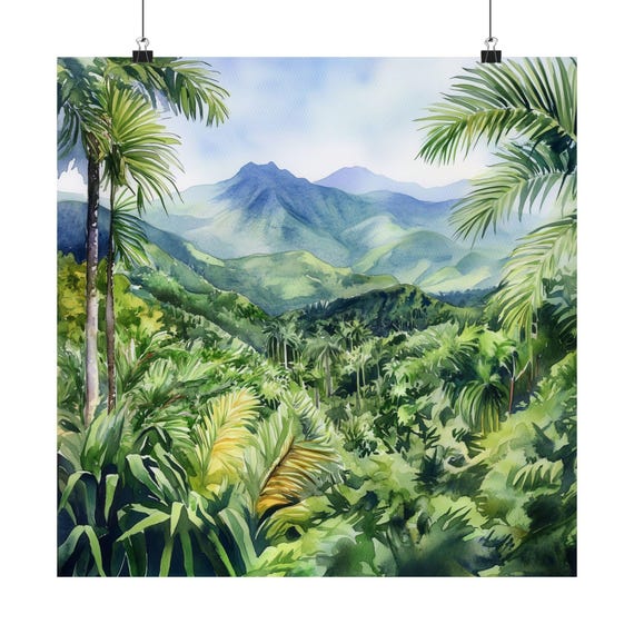 El Yunque Rainforest Wall Art Puerto Rico Watercolor Painting Caribbean Poster Tropical Landscape Decor Travel Gift