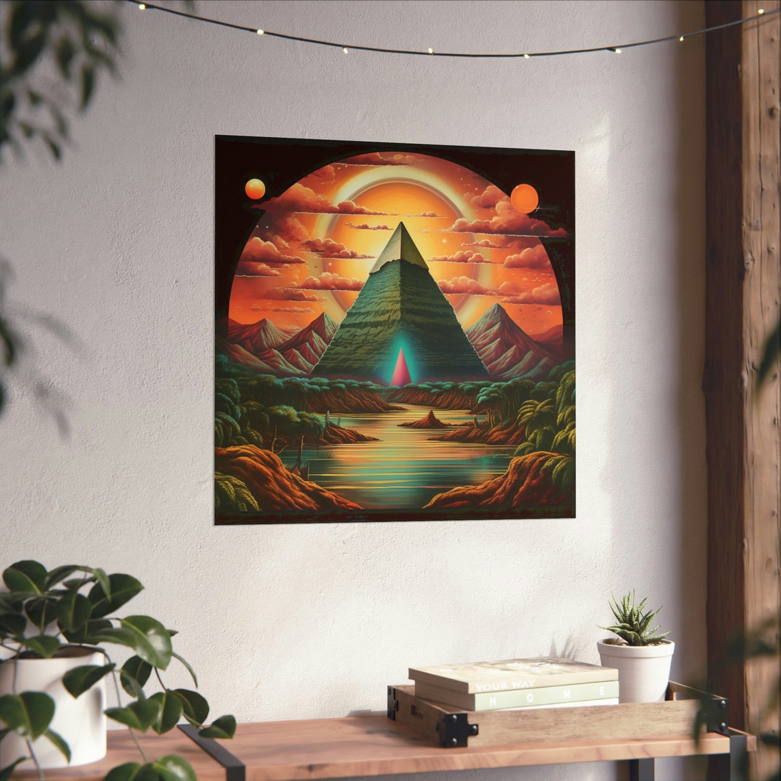Pyramid In Tropical Desert, Trippy Desert Art