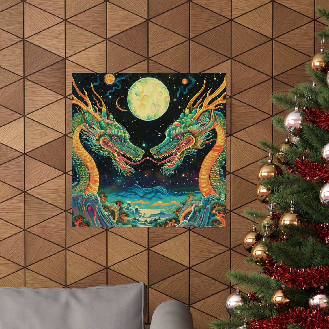 Twin Moon Dragons, Retro Trippy Poster - Image 4