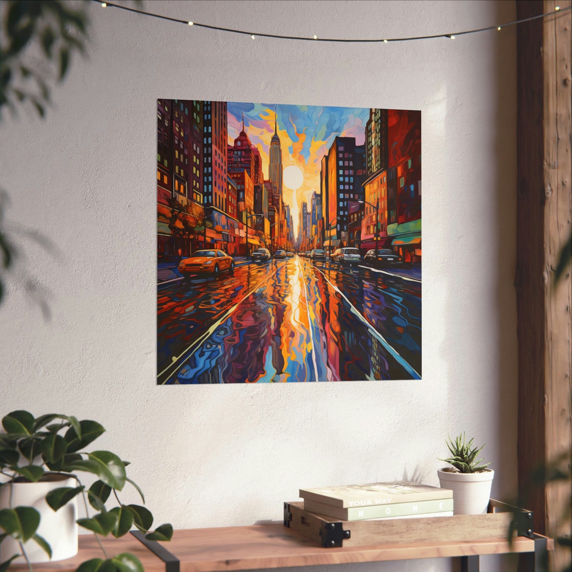 Melted City Post Impressionist Poster, Sunset Cityscape