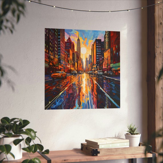 Melted City Post Impressionist Poster, Sunset Cityscape