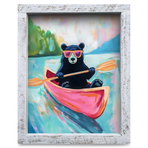 Black Bear Paddling Pink Canoe Funny Lake Adventure Wall Poster