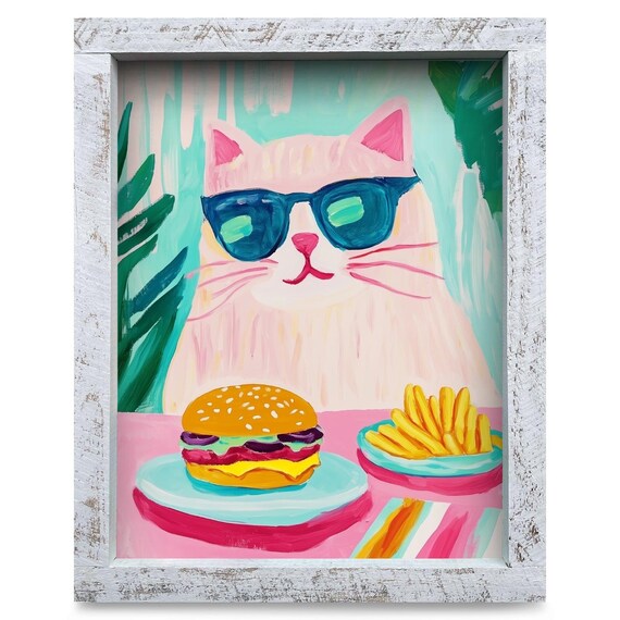 Cool Pink Cat with Burger Fries Fun Summer Kitchen Wall Poster