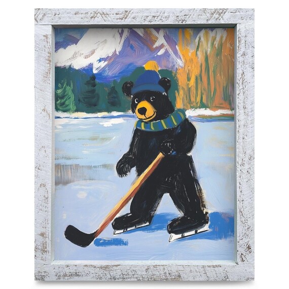 Playful Black Bear Skating While Playing Hockey On A Lake Poster