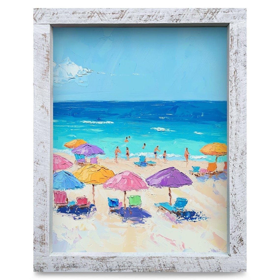 Sunny Beach Day with Colorful Umbrellas and Blue Ocean Poster