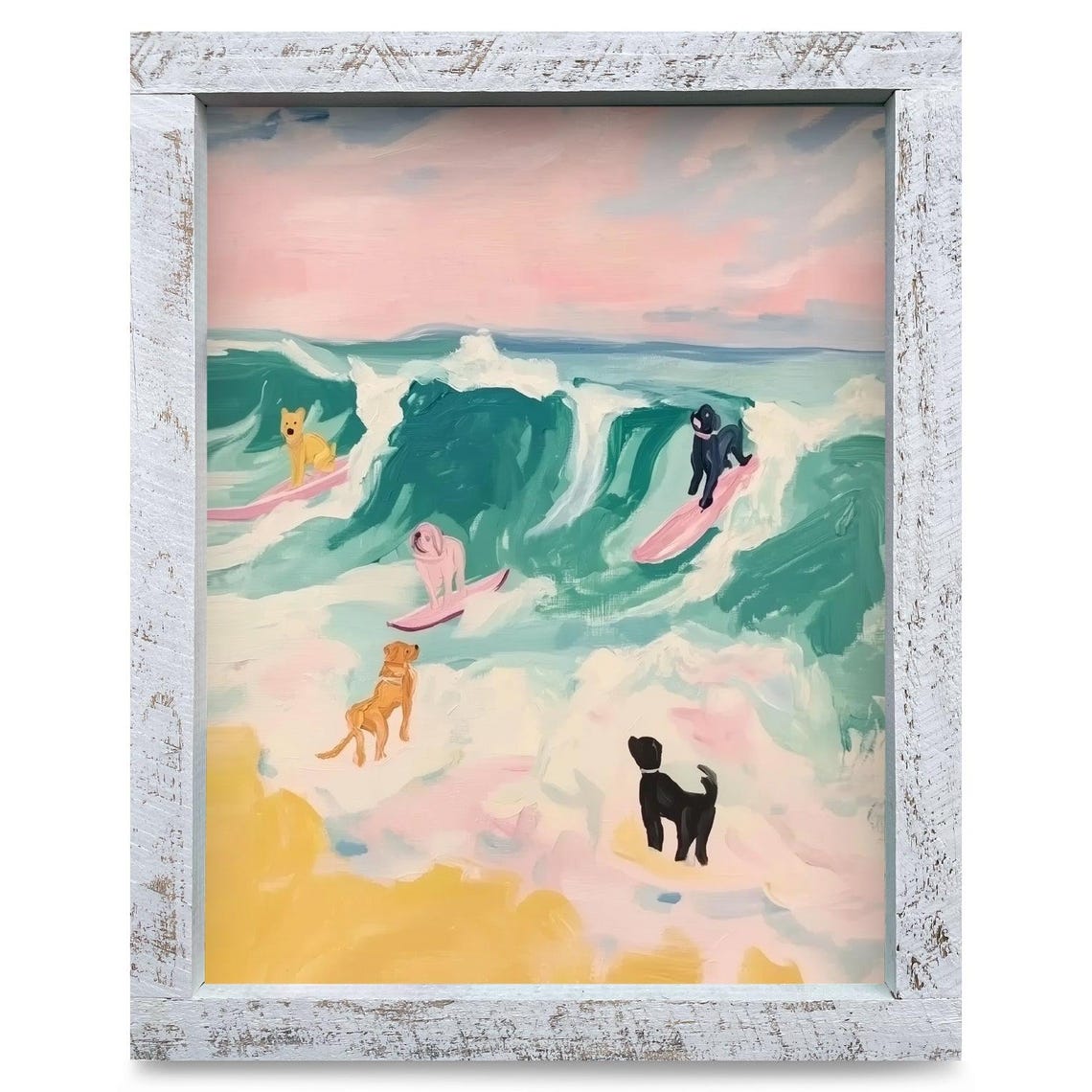 Playful Dogs Surfing Big Ocean Waves at a Pink Sunset Poster