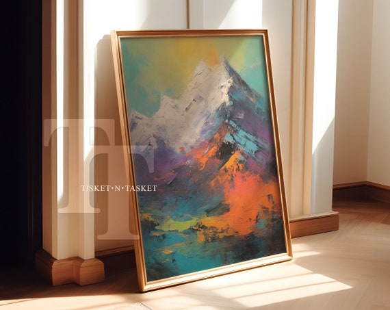 Colorful Mountain Landscape Oil Painting Bright Orange Blue Purple Vertical Wall Art