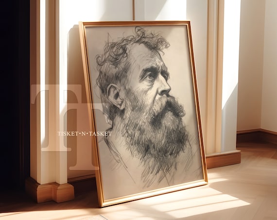 Bearded Man Profile Charcoal Sketch Vintage Portrait Art Print