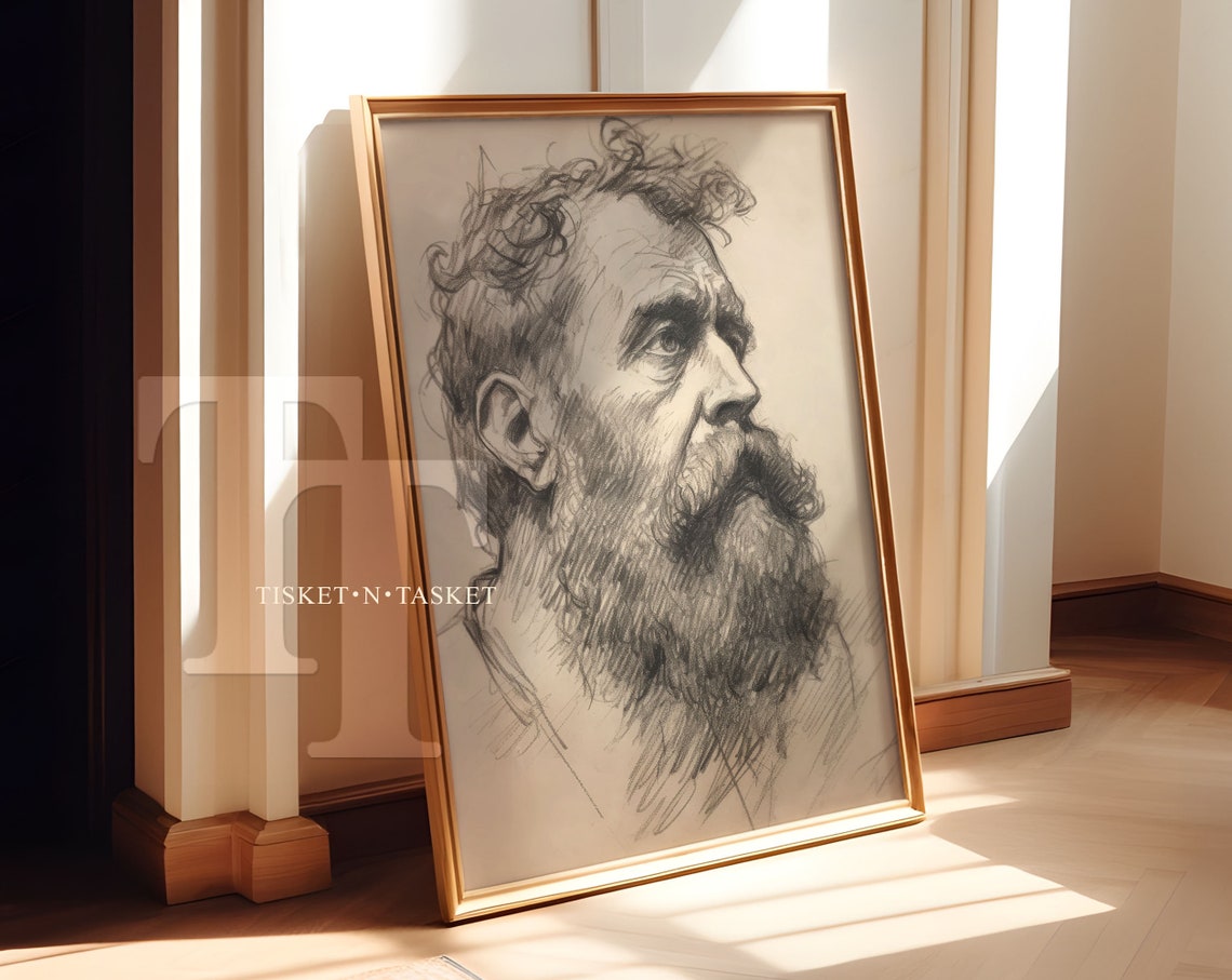 Bearded Man Profile Charcoal Sketch Vintage Portrait Art Print