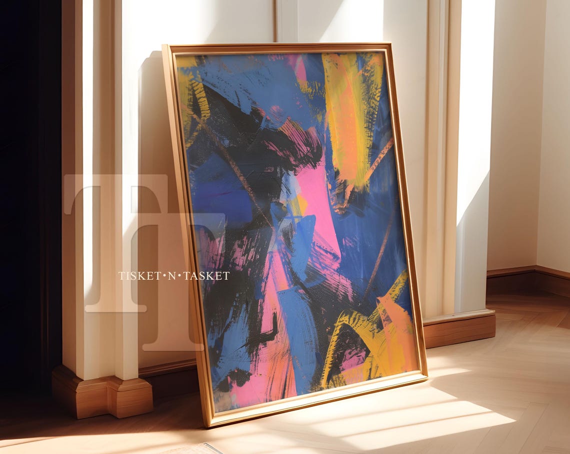 Bold Abstract Paint Brushstrokes Pink Blue Yellow Modern Art Print