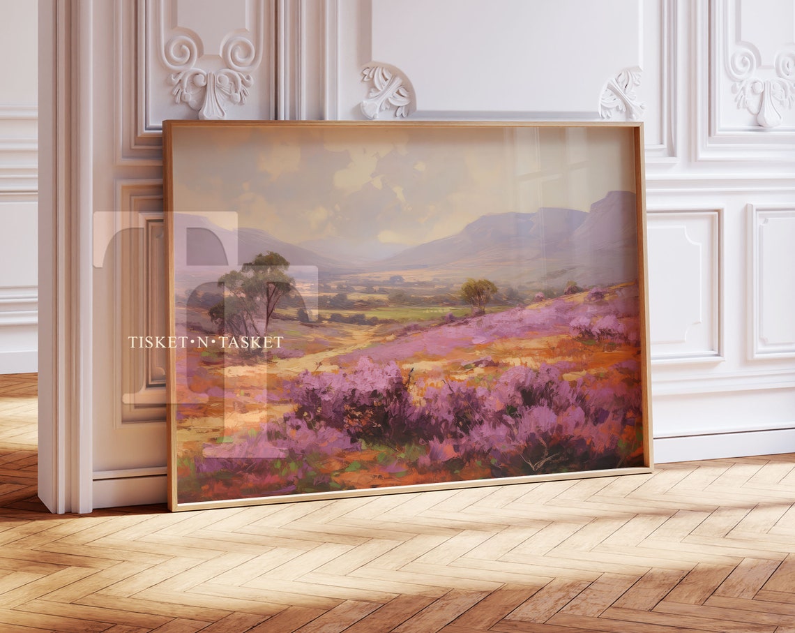 Purple Wildflower Meadow Mountain Vintage Landscape Art Print