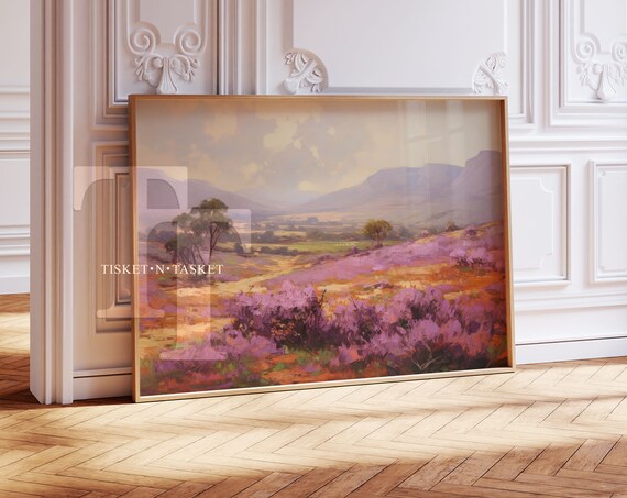 Purple Wildflower Meadow Mountain Vintage Landscape Art Print