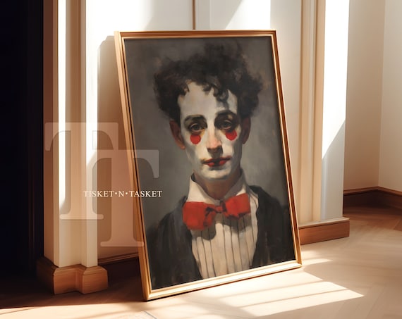 Melancholy Clown With Red Bow Tie Dark Oil Painting Portrait Poster