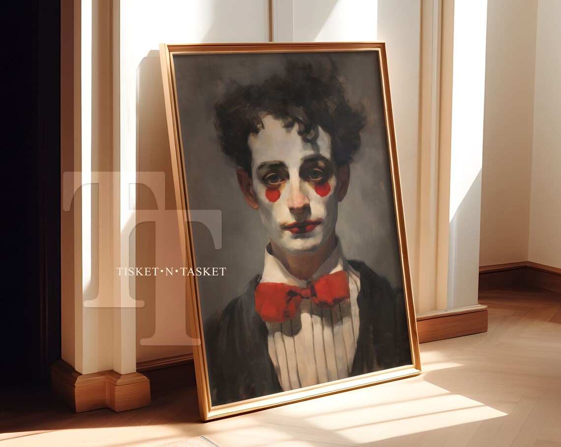 Melancholy Clown With Red Bow Tie Dark Oil Painting Portrait Poster