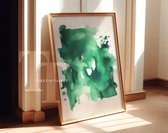 Emerald Green Simple Watercolor Abstract Print Minimalist Vertical Wall Art