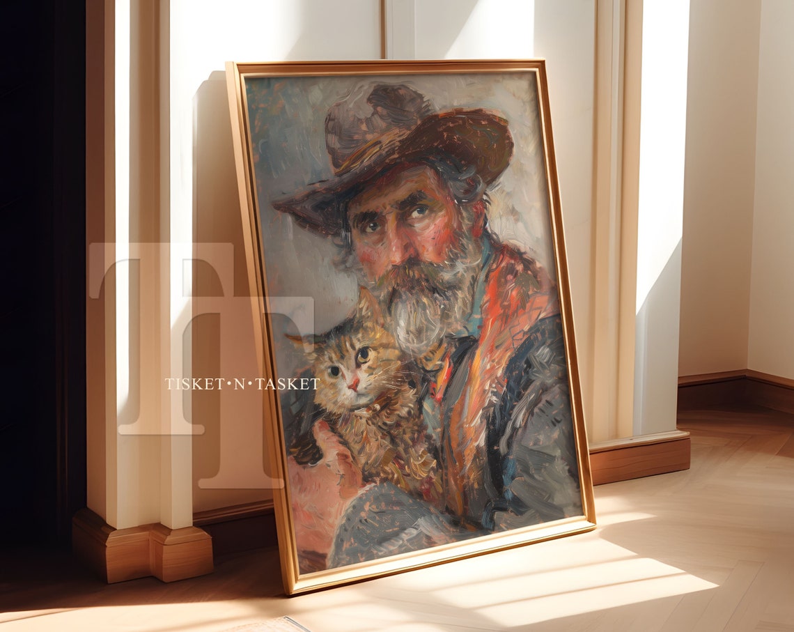 Bearded Cowboy Holding Cat Vintage Impressionist Oil Style Art Poster