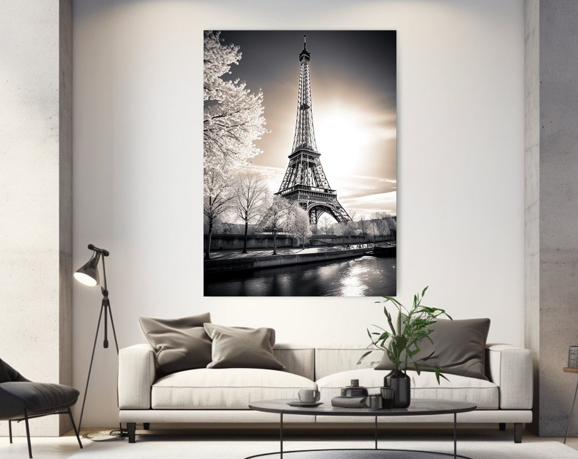 Eiffel Tower By Seine River Spring Blossom Black White Photo Poster