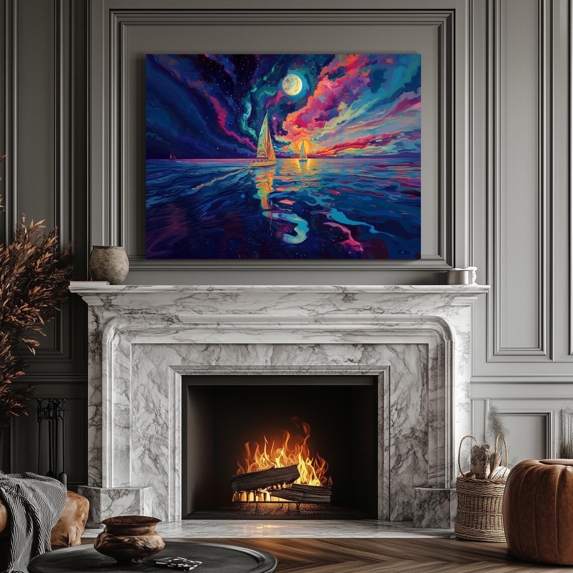 Moonlit Sailboats on Neon Ocean Under Psychedelic Sky Art Print
