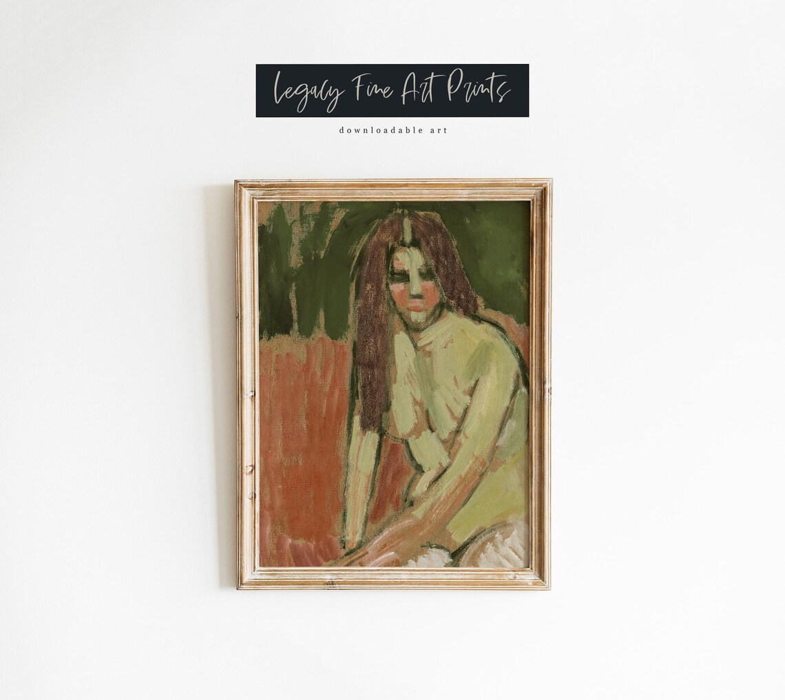 Vintage Seated Female Figure Modernist Oil Painting Art Poster - Image 2