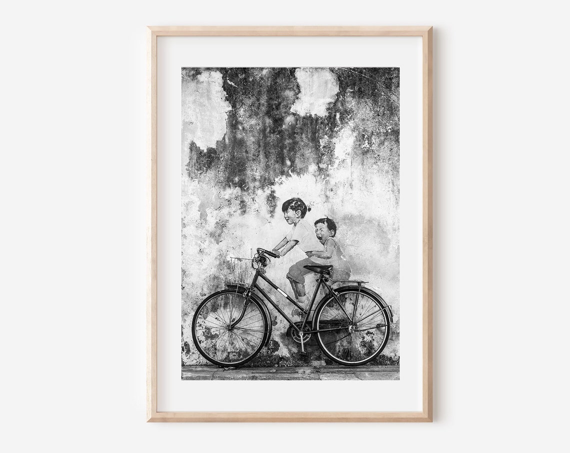 Penang Bicycle Street Art Mural Black and White Photo Poster