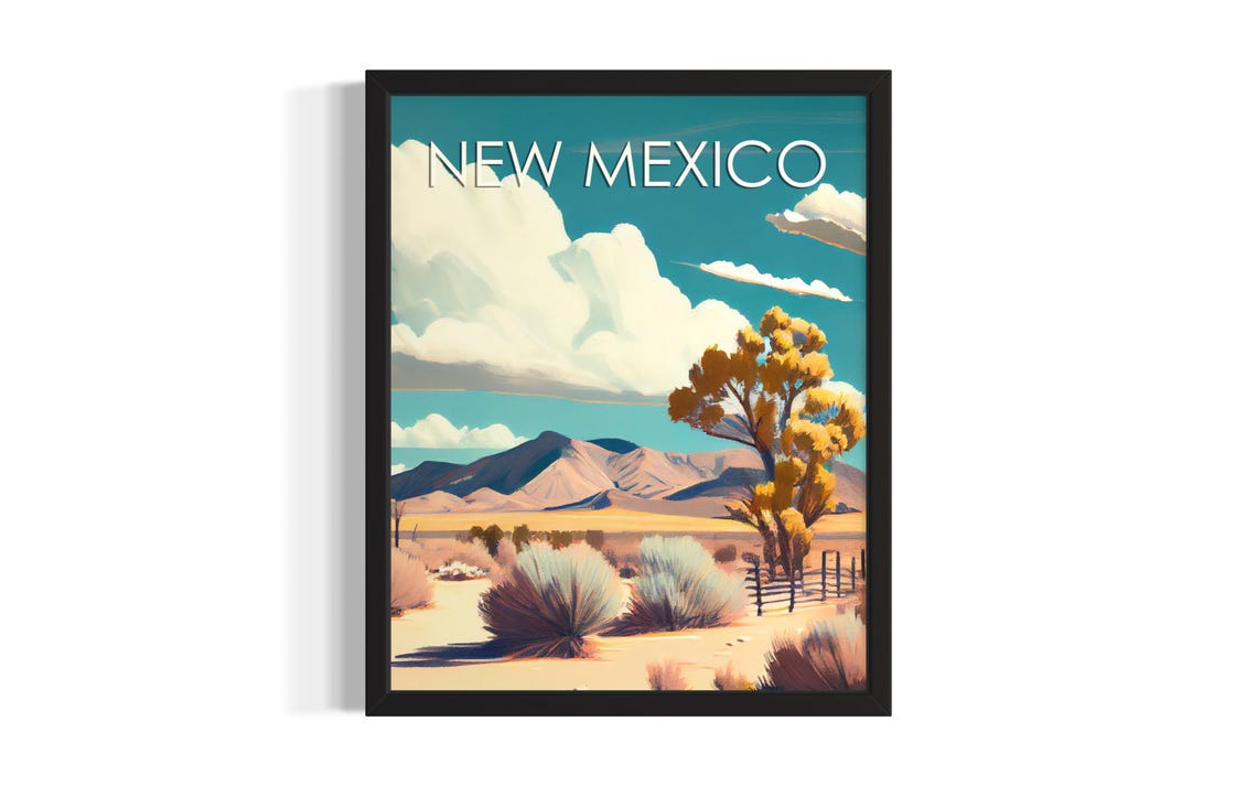 New Mexico Desert Landscape with Golden Tree Retro Travel Poster