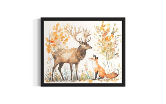 Elk And Fox Animal In Harmony Forest Wildlife Poster Art Print Living Room Wall Original Painting Artwork Decor